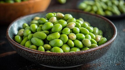 Fresh edamame in rustic bowl on dark background highlighting healthy cuisine
