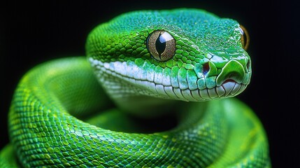 Obraz premium Close-up of a vibrant green python wrapped in a coil