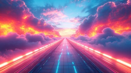 Infinite highway flanked by radiant pink-yellow clouds