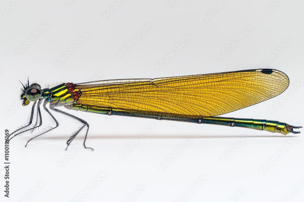 Poster close-up shot of a dragonfly perched on a white surface, with intricate details and patterns
