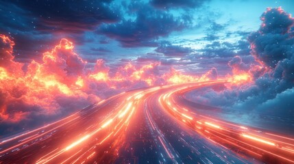 Fototapeta premium Radiant curving road trails through luminous clouds