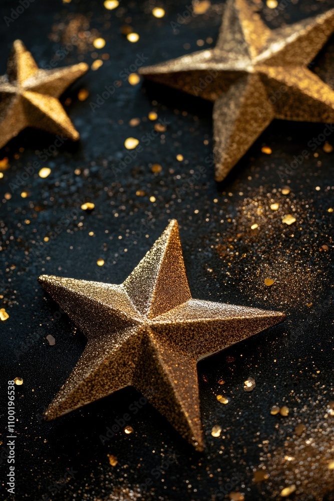 Poster a cluster of shiny gold stars on a dark surface, perfect for use in presentations, reports or social