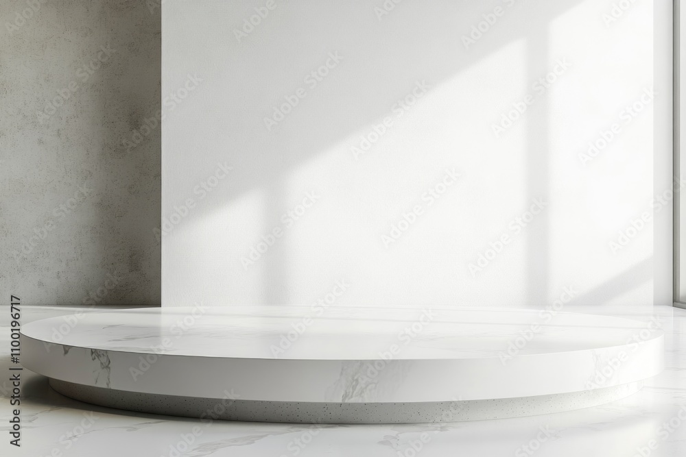 Poster a white round table in a room with a large window, perfect for an office or meeting space