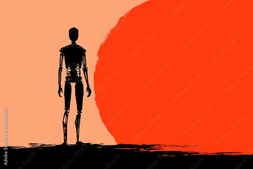 Aufkleber A single robot silhouette with a simple boxy design, placed on a neutral gradient background in a minimalist composition