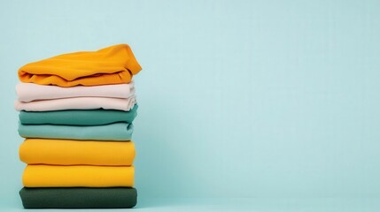 A stack of freshly cleaned clothes, bright morning light creating a serene, spotless atmosphere
