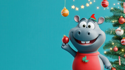 Naklejka premium A cheerful hippo character in a red outfit celebrates Christmas next to a decorated tree, spreading festive joy and holiday spirit.