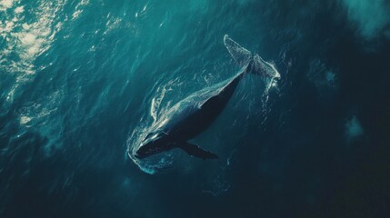 Fototapeta premium Aerial view of a humpback whale swimming in the ocean.