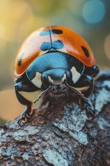 A ladybug sits on top of a tree branch, ready for its next adventure