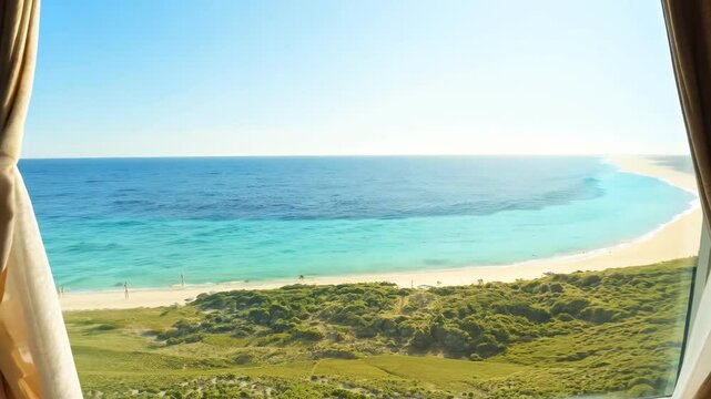 a room with a large panoramic window reveals a paradise view of a sandy coastline with a vast beach and calm sea on a bright sunny summer day in vibrant nature