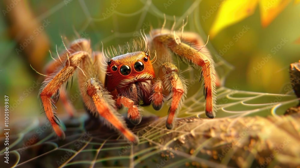 Poster a close-up shot of a spider sitting on a tree branch, waiting for prey