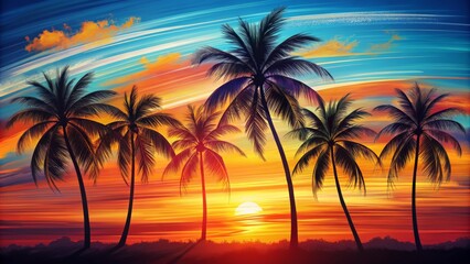 Obraz premium Palm Trees Silhouetted Against a Vibrant Sunset, Digital Painting, Tropical Sunset, Palm Trees, Landscape, Sunset, Digital Art