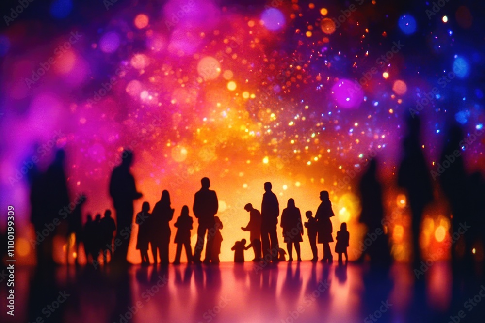 Aufkleber a group of people standing in unison, their figures forming a silhouette against a vibrant and dynam