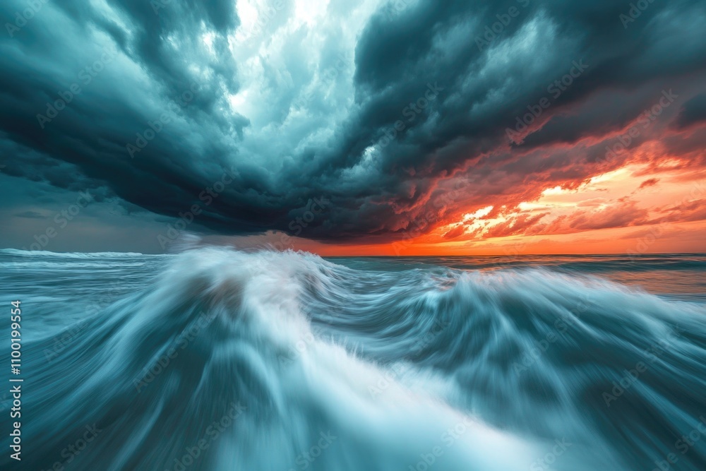 Poster a large body of water with a cloudy sky above, suitable for use in travel, nature or weather-related
