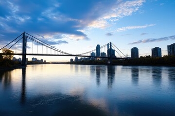 Obraz premium A bridge spans a river with a city in the background