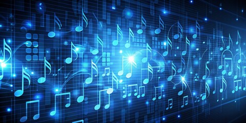 Obraz premium Digital Music Notes - Abstract, Glowing, Blue, Technology, Music Notes, Digital Art, Abstract Art