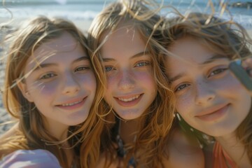 Fototapeta premium Group of friends relaxing on the beach, enjoying the sun and sea