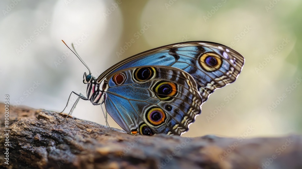 Poster a close-up shot of a butterfly perched on a tree branch, highlighting its delicate features