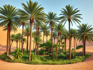 Fototapeta premium A tranquil oasis in the heart of the desert surrounded by towering palm trees and vibrant greenery, serene atmosphere, lush greenery, garden decor