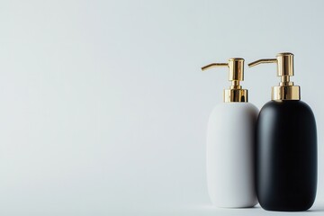 Obraz premium Sleek black and white pump bottles with gold accents on a minimalist background, perfect for beauty or skincare products.