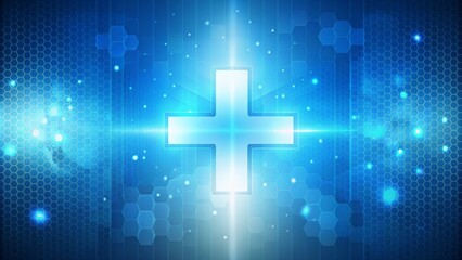 Fototapeta premium Abstract Blue Hexagon Grid with Glowing Plus Symbol, abstract , futuristic , technology , healthcare