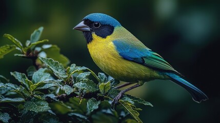 Fototapeta premium Vibrant tropical bird perched on a rain-kissed leaf in lush foliage