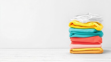 A pile of clean laundry, perfectly organized and spotless, bright morning light