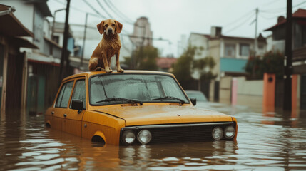 Golden dog atop yellow car amidst urban flooding chaos