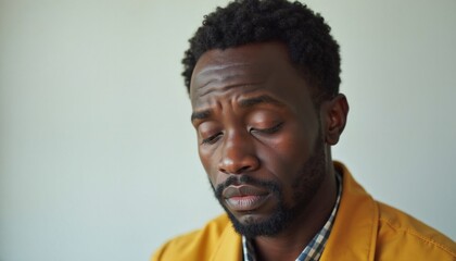 Obraz premium Man with pained expression in yellow jacket, emotional struggle