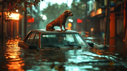 Solitary dog on car amidst street flooding chaos.