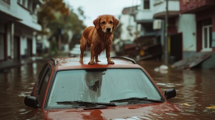 Wet dog balances on car roof in flooded neighborhood.