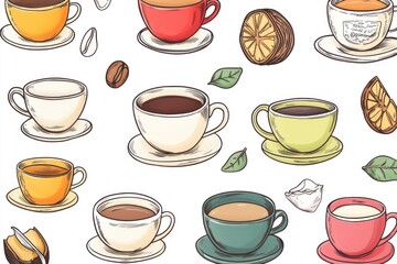 Fototapeta premium A collection of colorful coffee cups and saucers on a table