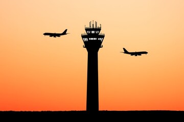 A stylized outline of an air traffic control tower, paired with minimalist airplane silhouettes