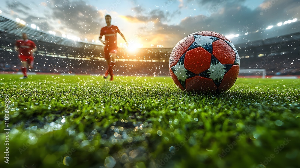 Poster Dynamic Action Shot of Soccer Players in Red Jerseys Running Towards a Wet Soccer Ball on a Lush Green Field During Sunset with a Beautiful Sky in the Background