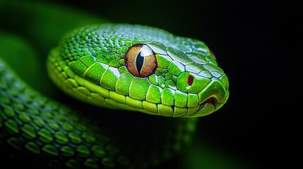 Vibrant green viper close-up: stunning details of a snake in its natural habitat