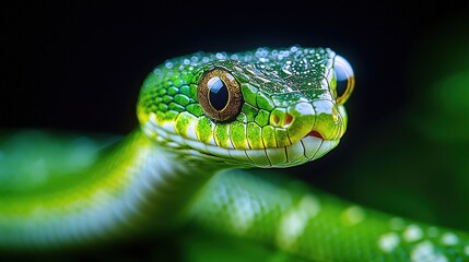 Fototapeta premium Close-up of a vibrant green viper in natural habitat with intricate scale detail