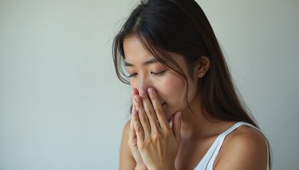 Fototapeta premium Woman covering face with hands, introspective moment