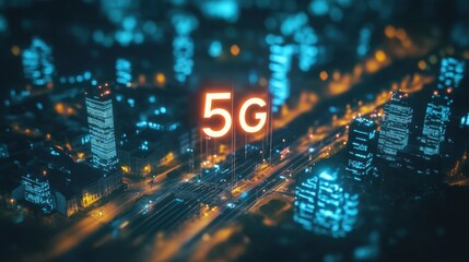 Obraz premium Futuristic Cityscape at Night with 5G Technology Representation