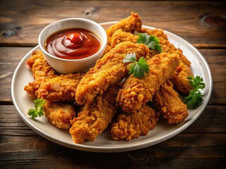 Fototapeta premium Vintage Breaded Chicken Strips with Ketchup - Fast Food Photography