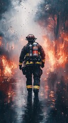 Fototapeta premium illustration of a firefighter, firefighter wallpaper, fire background.