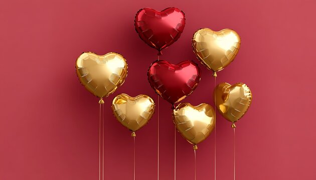Elegant red and gold Valentines Day design with floating golden heart balloons