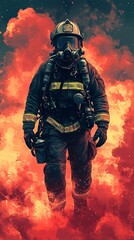 Fototapeta premium illustration of a firefighter, firefighter wallpaper, fire background.