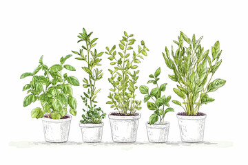 Fototapeta premium A Collection of Fresh Green Herb Plants in White Pots Featuring Basil, Cilantro, Sage, and Other Aromatic Greens on a Bright Background