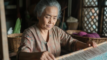 Elder weaver working traditional loom with baskets. Cultural heritage and textile crafts