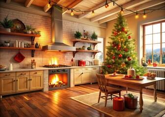 Vintage Christmas Kitchen Fireplace Decor: Festive Modern Interior Photography