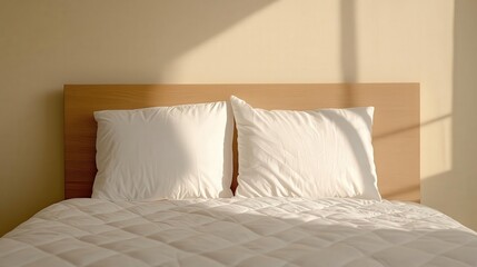 Obraz premium Bed with a neatly folded quilt, soft pillows, sunkissed room, tranquil and inviting