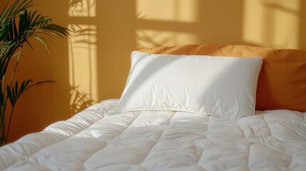 Obraz premium Bed with a neatly folded quilt, soft pillows, sunkissed room, tranquil and inviting