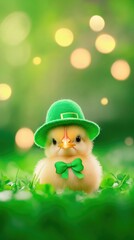 Fototapeta premium Adorable chick wearing green hat and bow tie on st. patrick's day. Happy St. Patrick's day.