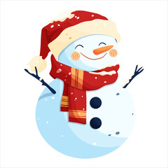 A snowman in a red hat and a red scarf decorated with snowflakes.