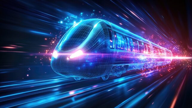 Futuristic hyperloop wireframe hologram in motion for innovative transportation design