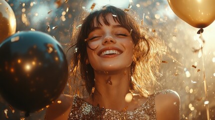 Fototapeta premium A woman is holding two balloons and smiling